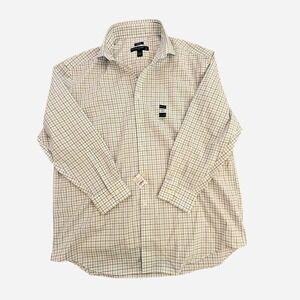 Pronto Uomo mens off-white blue tan plaid button down shirt 17.5 neck 33/32 NWT